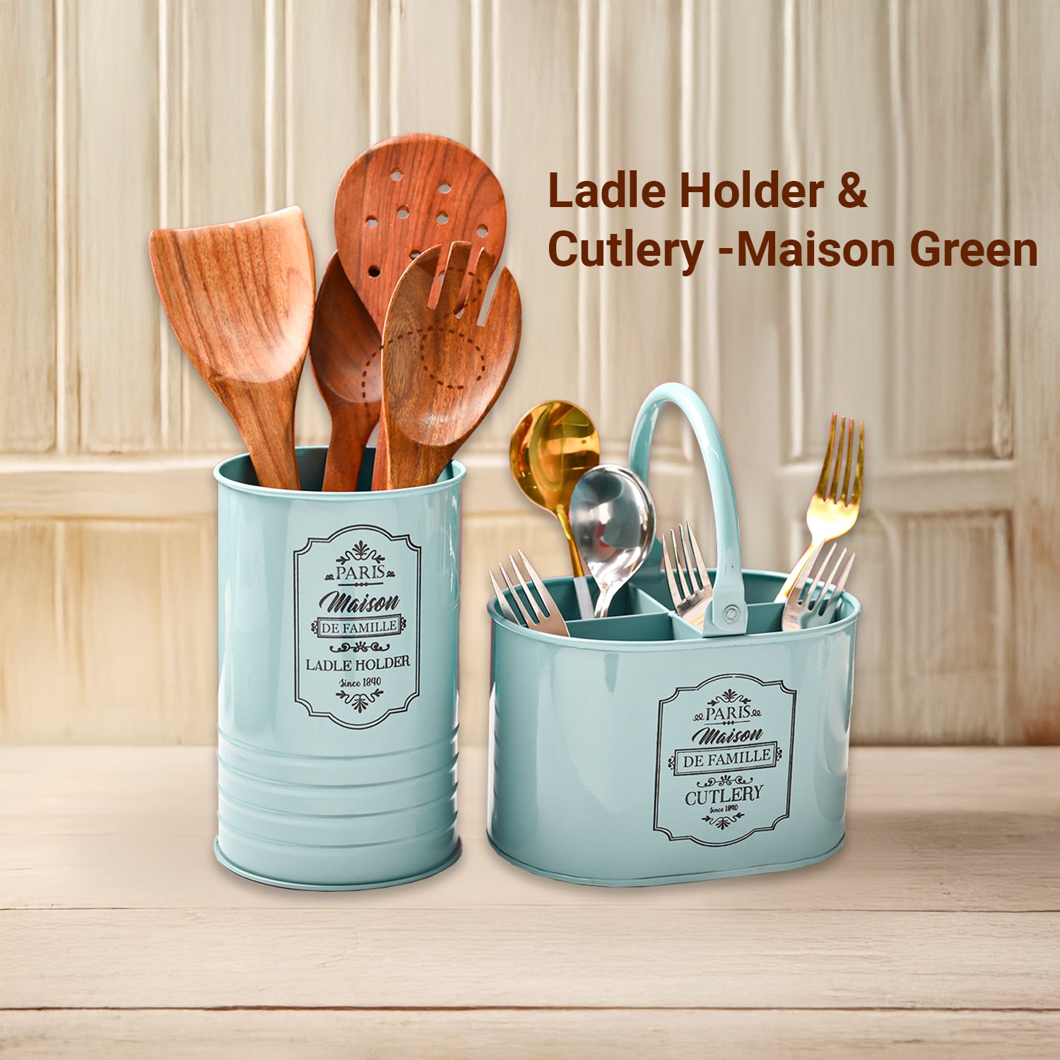 Cutlery & Ladle Holder Set – Green | Plain Design, Glossy Finish