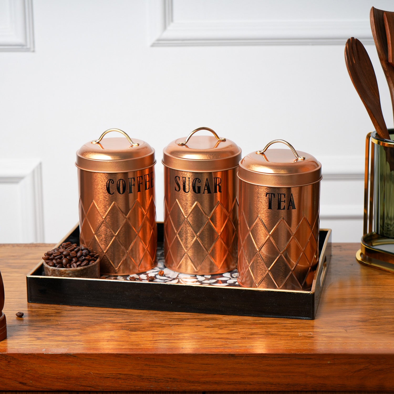 MARKET99 Golden Iron Coffee, Tea & Sugar Jars (Set of 3) - 1000mL Each