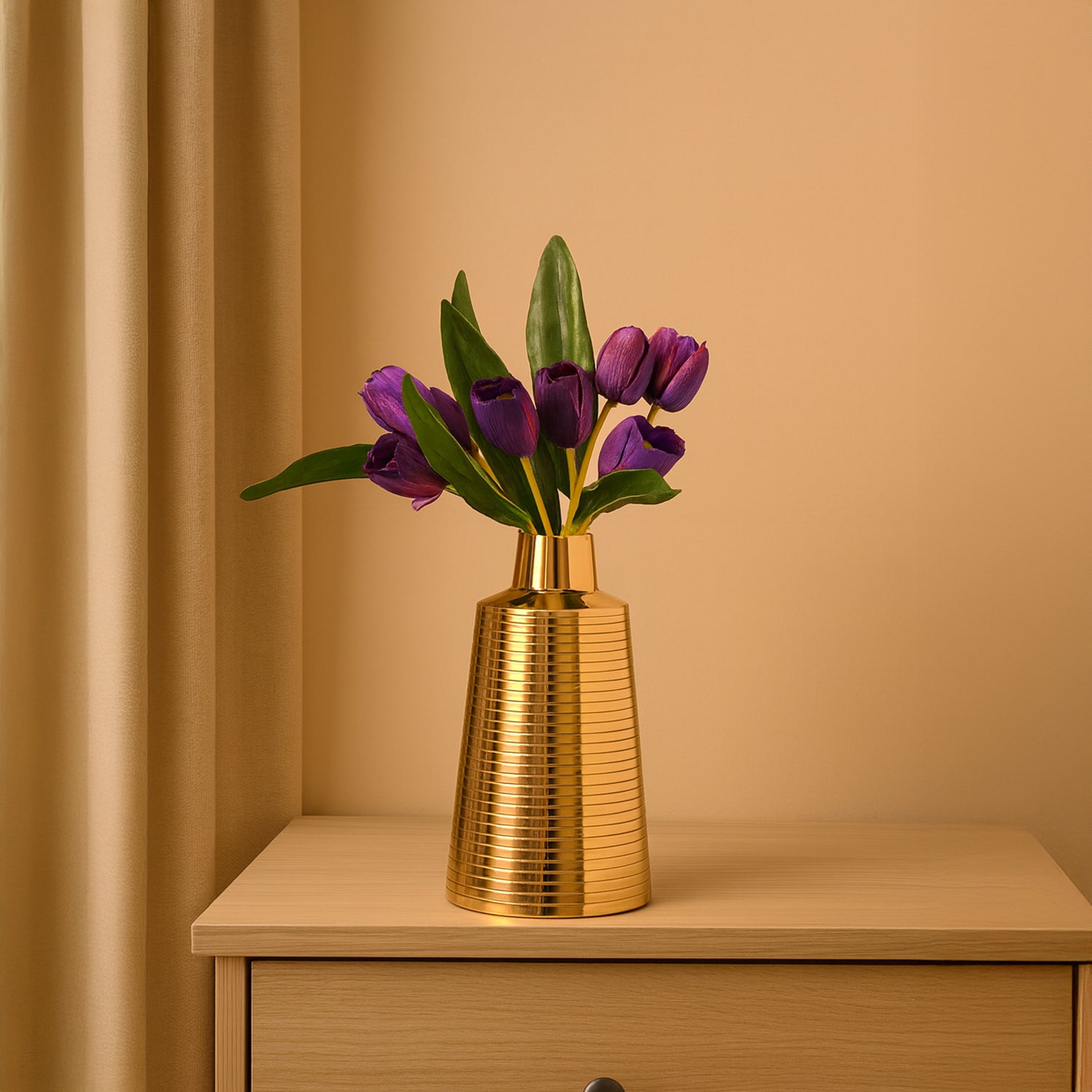 VON CASA Shiny Gold Vase – Truncated Cone (Shiny & Ribbed Design)