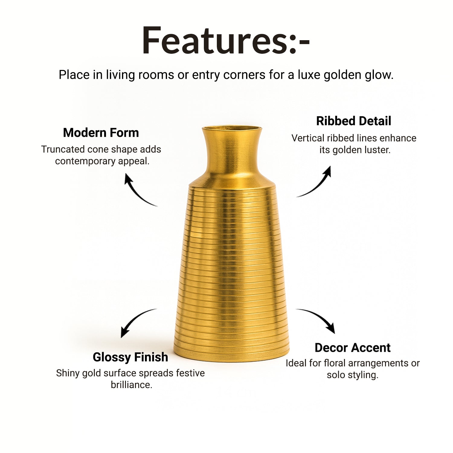 VON CASA Shiny Gold Vase – Truncated Cone (Shiny & Ribbed Design)