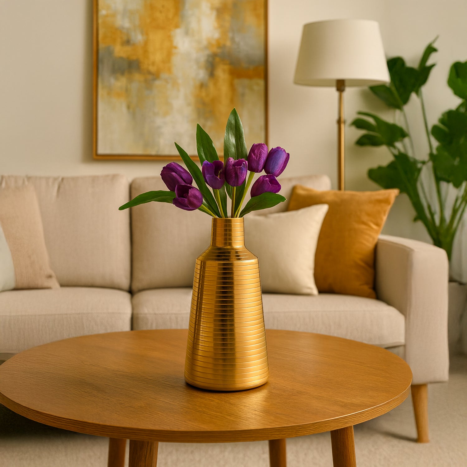 VON CASA Shiny Gold Vase – Truncated Cone (Shiny & Ribbed Design)