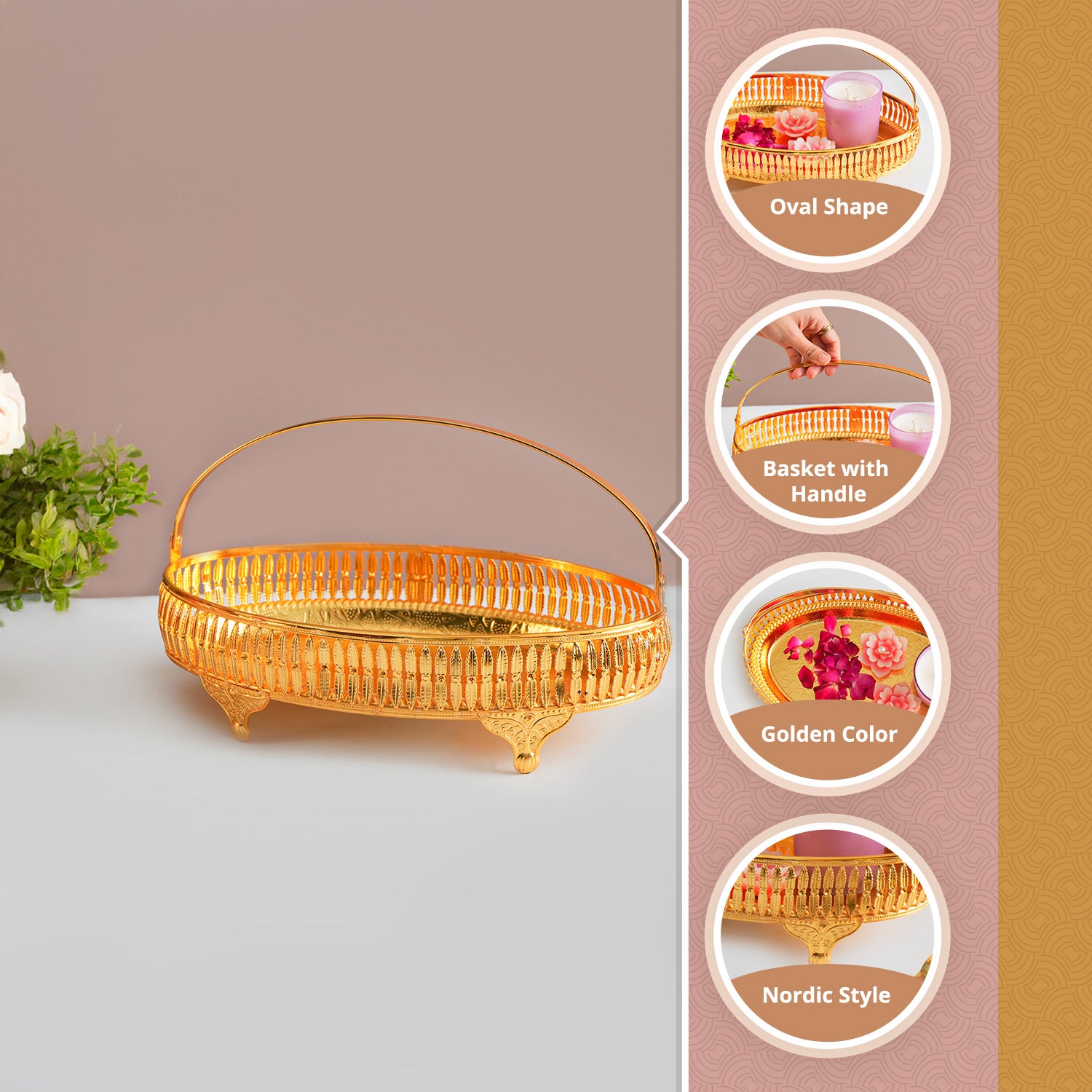 MARKET99 Golden Oval Nordic Basket With Handle