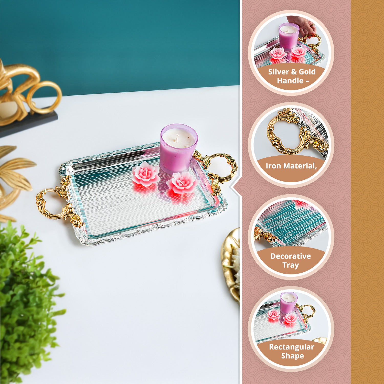 MARKET99 Iron Decorative Tray with Silver & Gold Handle