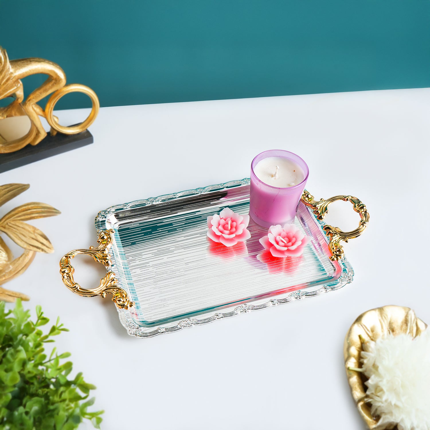 MARKET99 Iron Decorative Tray with Silver & Gold Handle