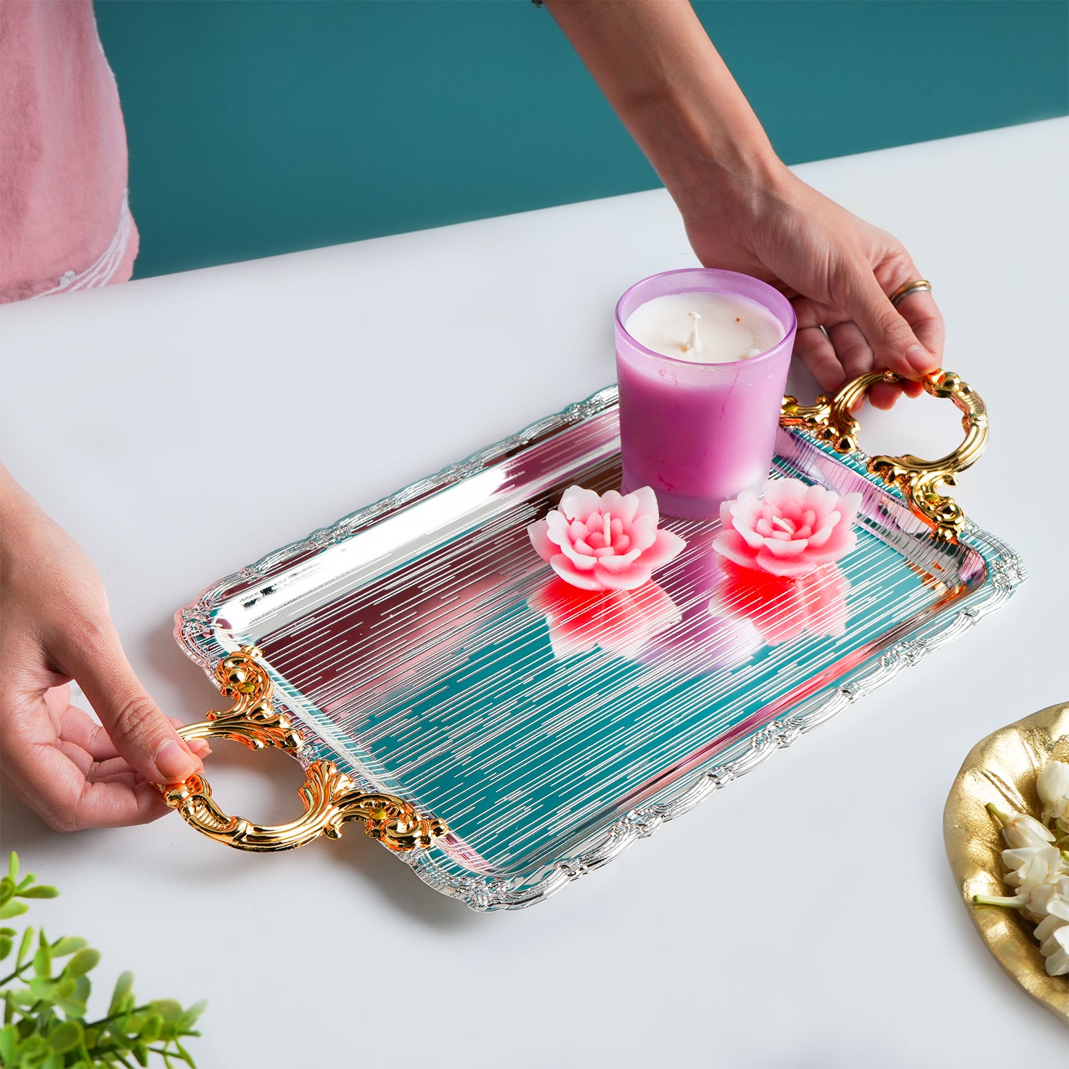 MARKET99 Iron Decorative Tray with Silver & Gold Handle