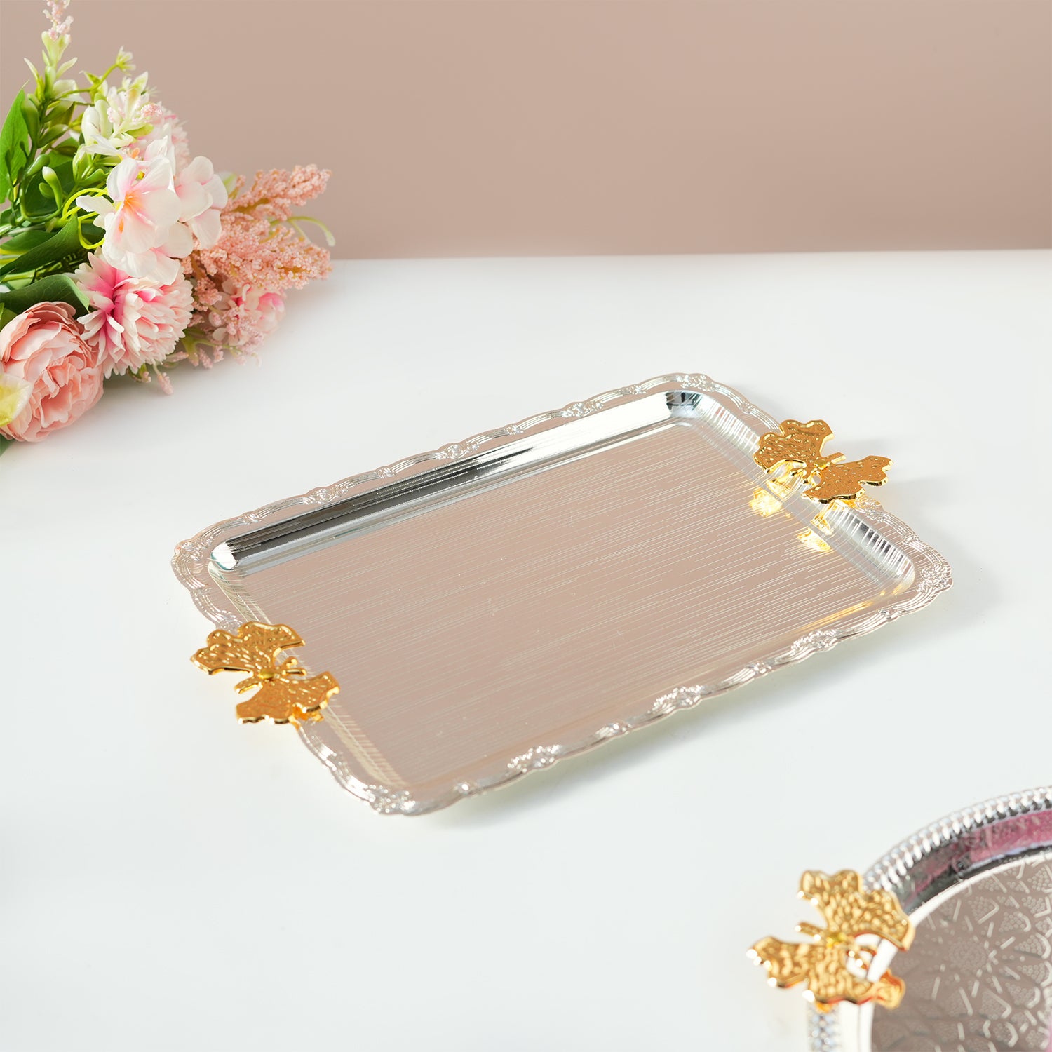 MARKET99 Rectangular Iron Decorative Tray with Silver & Gold Handle