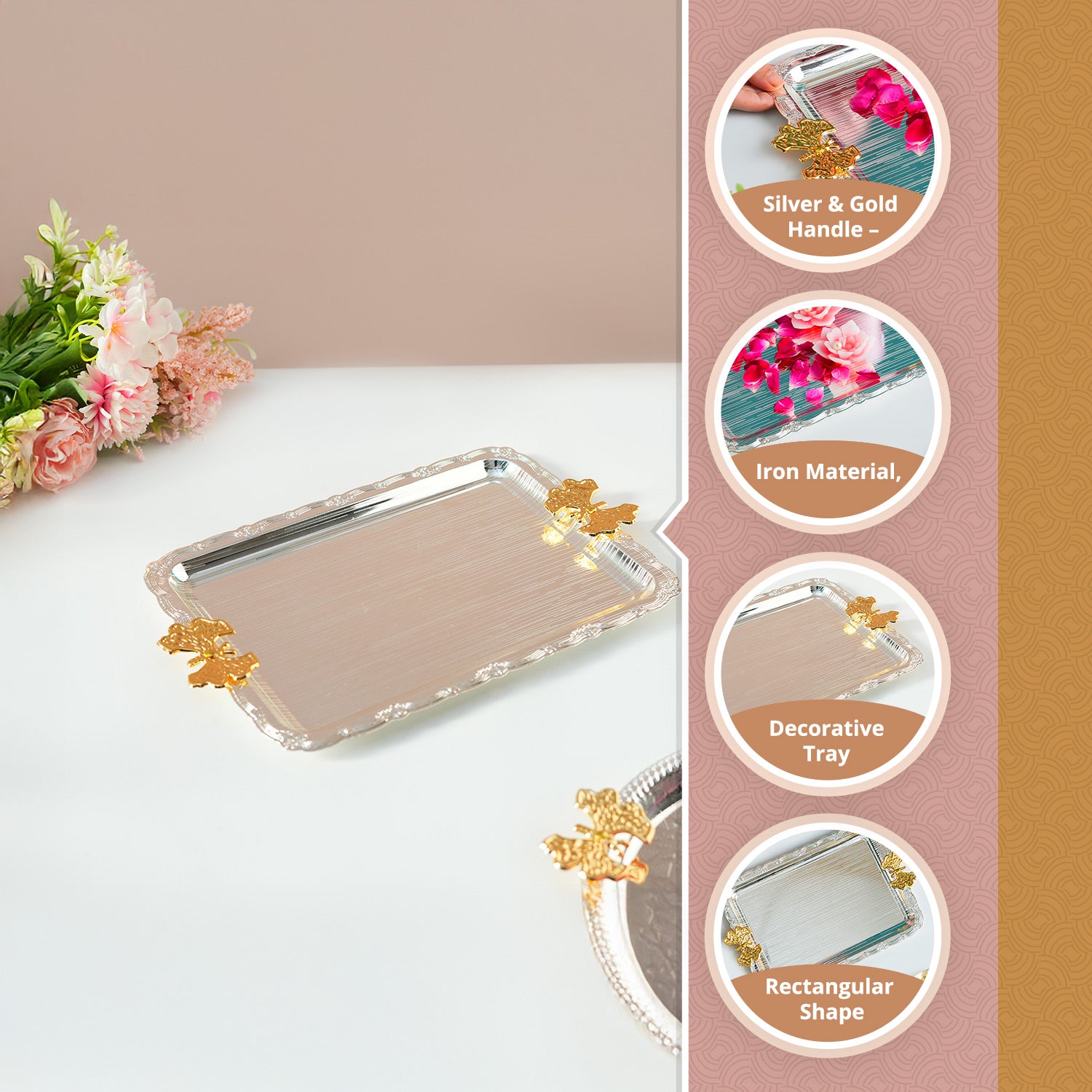 MARKET99 Rectangular Iron Decorative Tray with Silver & Gold Handle