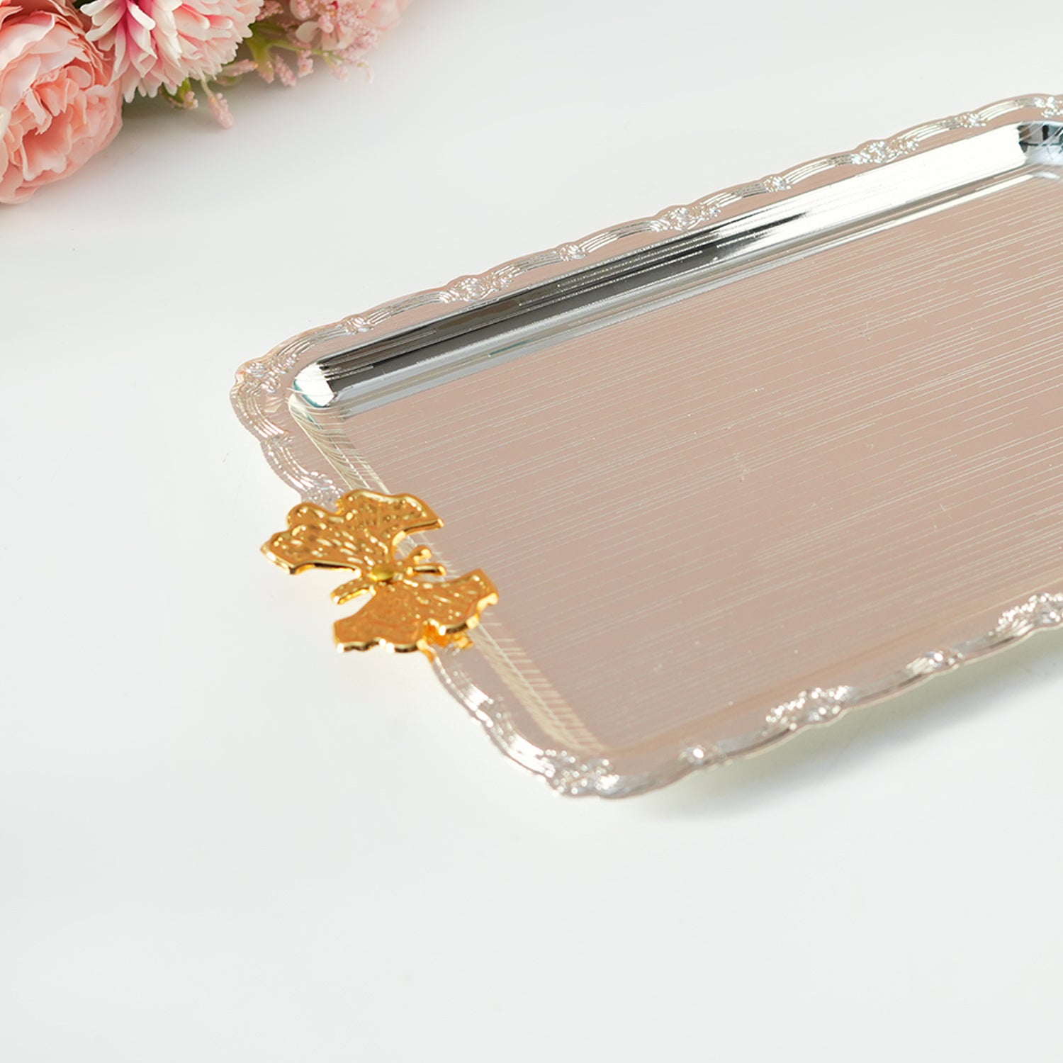MARKET99 Rectangular Iron Decorative Tray with Silver & Gold Handle
