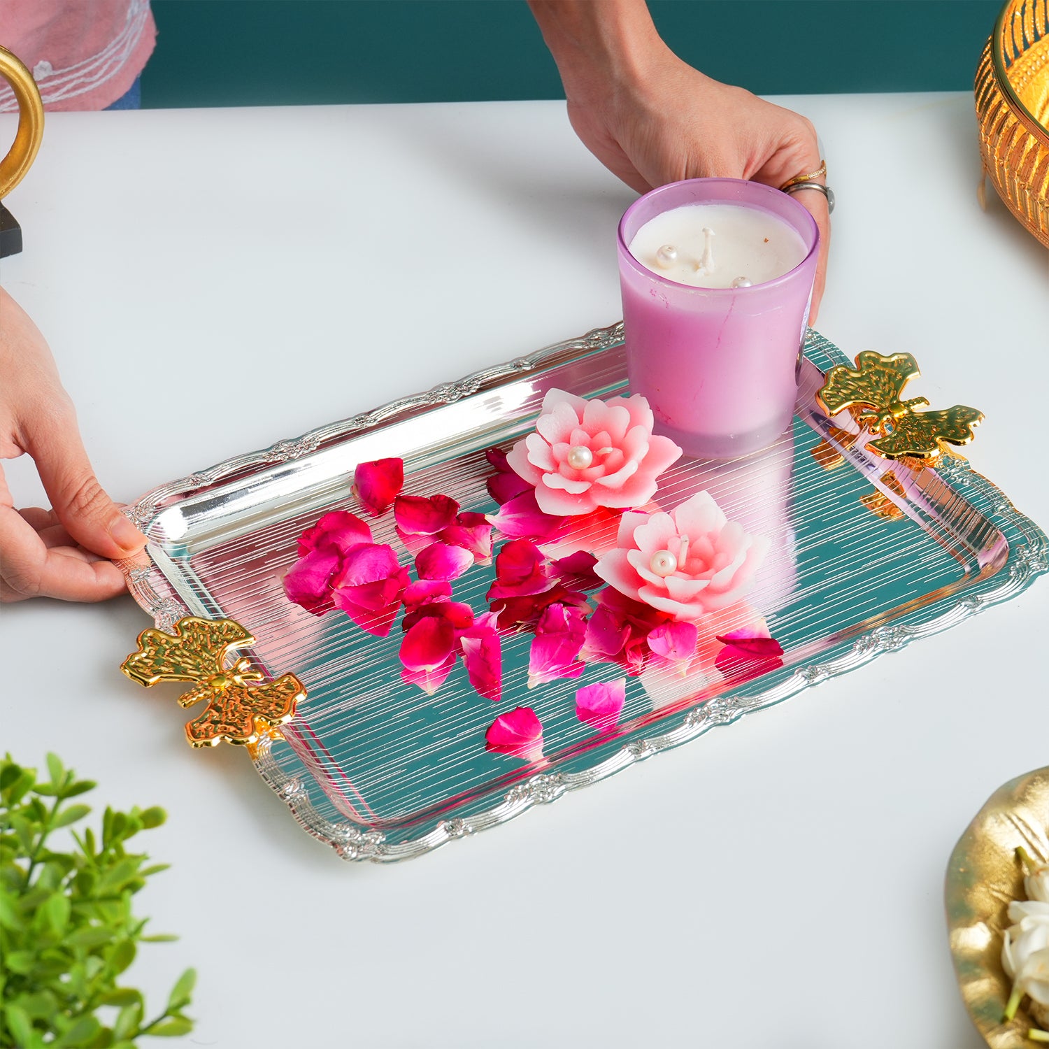 MARKET99 Rectangular Iron Decorative Tray with Silver & Gold Handle