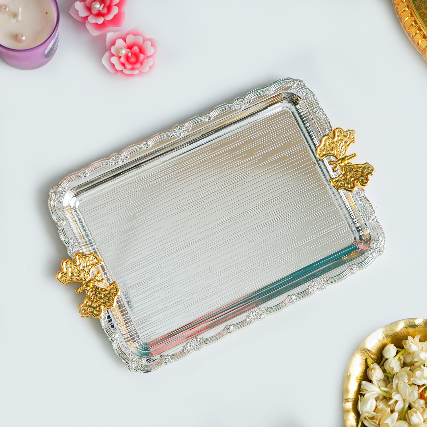 MARKET99 Rectangular Iron Decorative Tray with Silver & Gold Handle