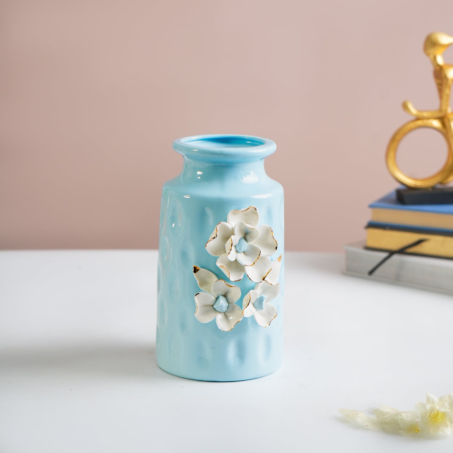MARKET99 Sky Blue Round Ceramic Vase with Floral Appliques