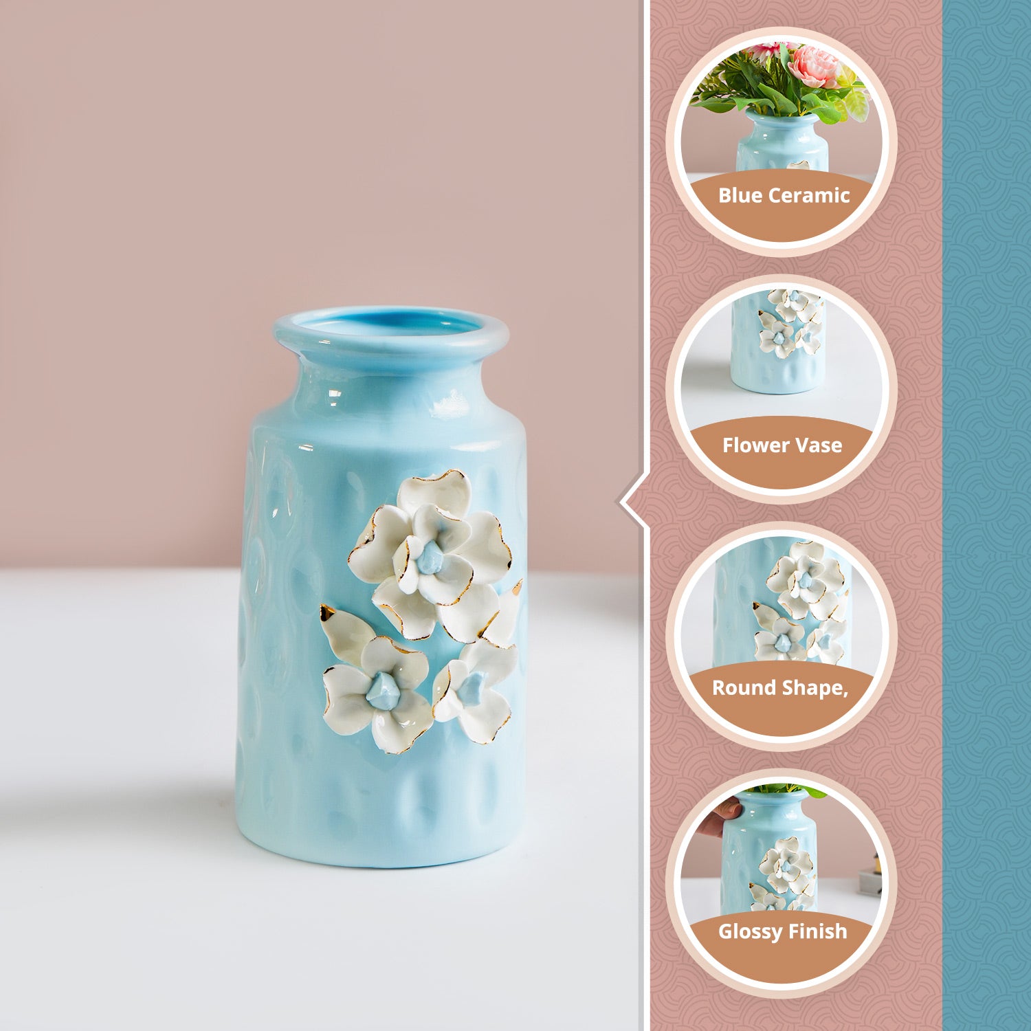 MARKET99 Sky Blue Round Ceramic Vase with Floral Appliques