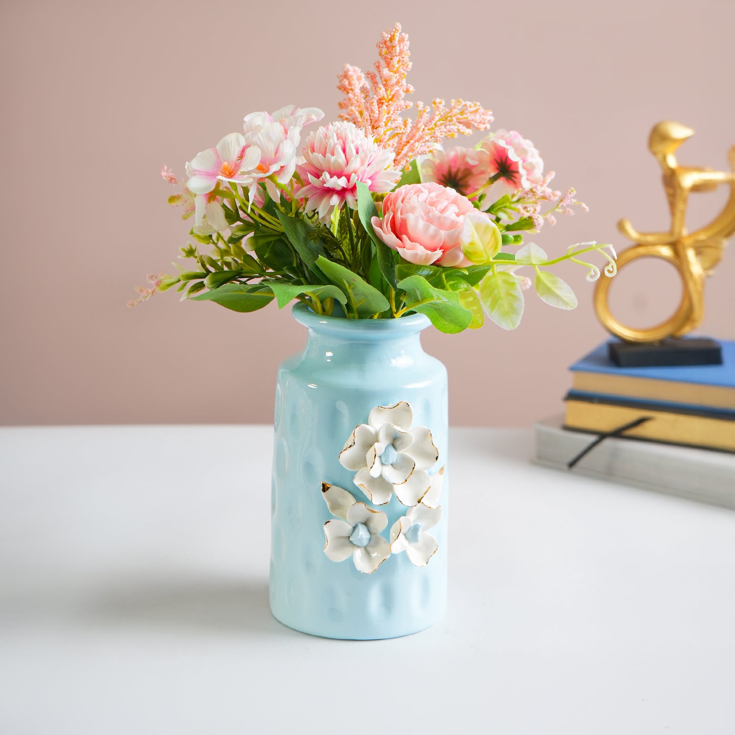 MARKET99 Sky Blue Round Ceramic Vase with Floral Appliques