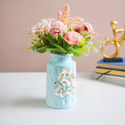 MARKET99 Sky Blue Round Ceramic Vase with Floral Appliques