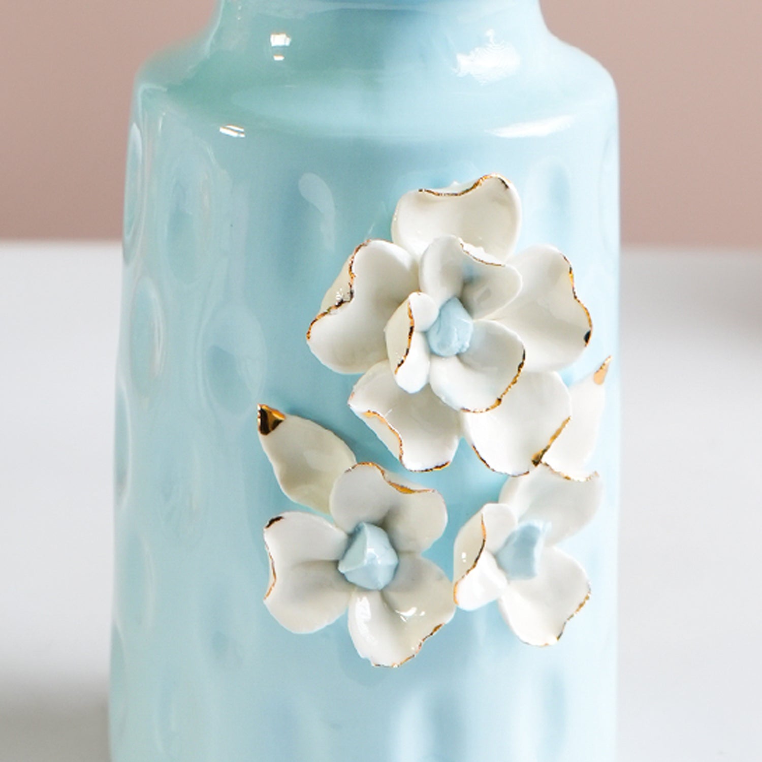 MARKET99 Sky Blue Round Ceramic Vase with Floral Appliques
