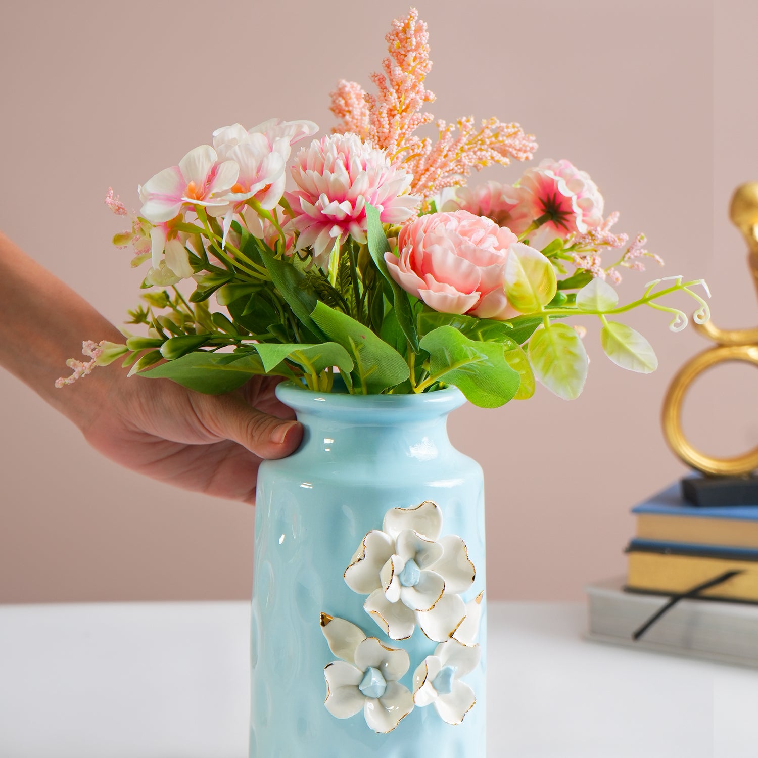 MARKET99 Sky Blue Round Ceramic Vase with Floral Appliques