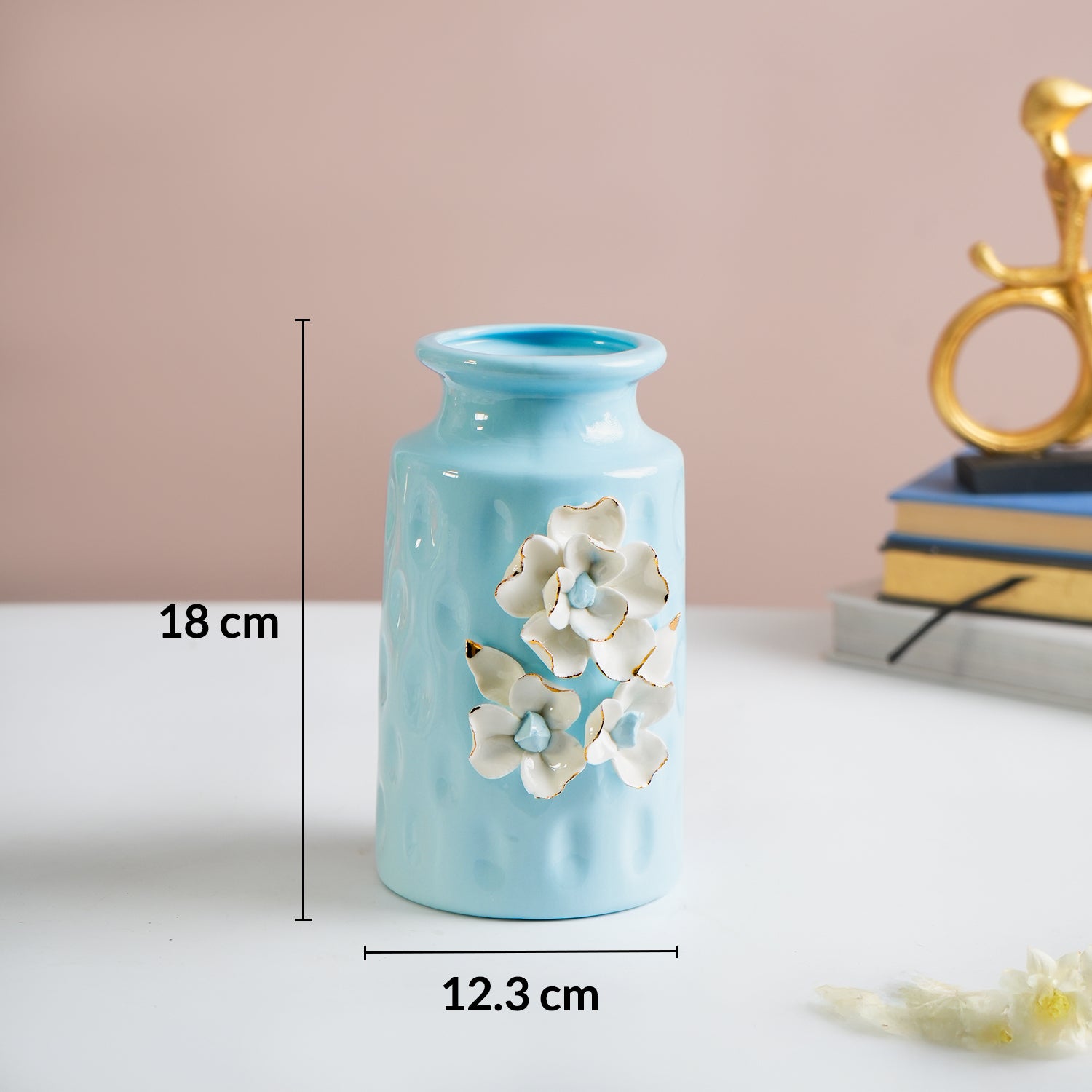 MARKET99 Sky Blue Round Ceramic Vase with Floral Appliques