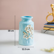 MARKET99 Sky Blue Round Ceramic Vase with Floral Appliques