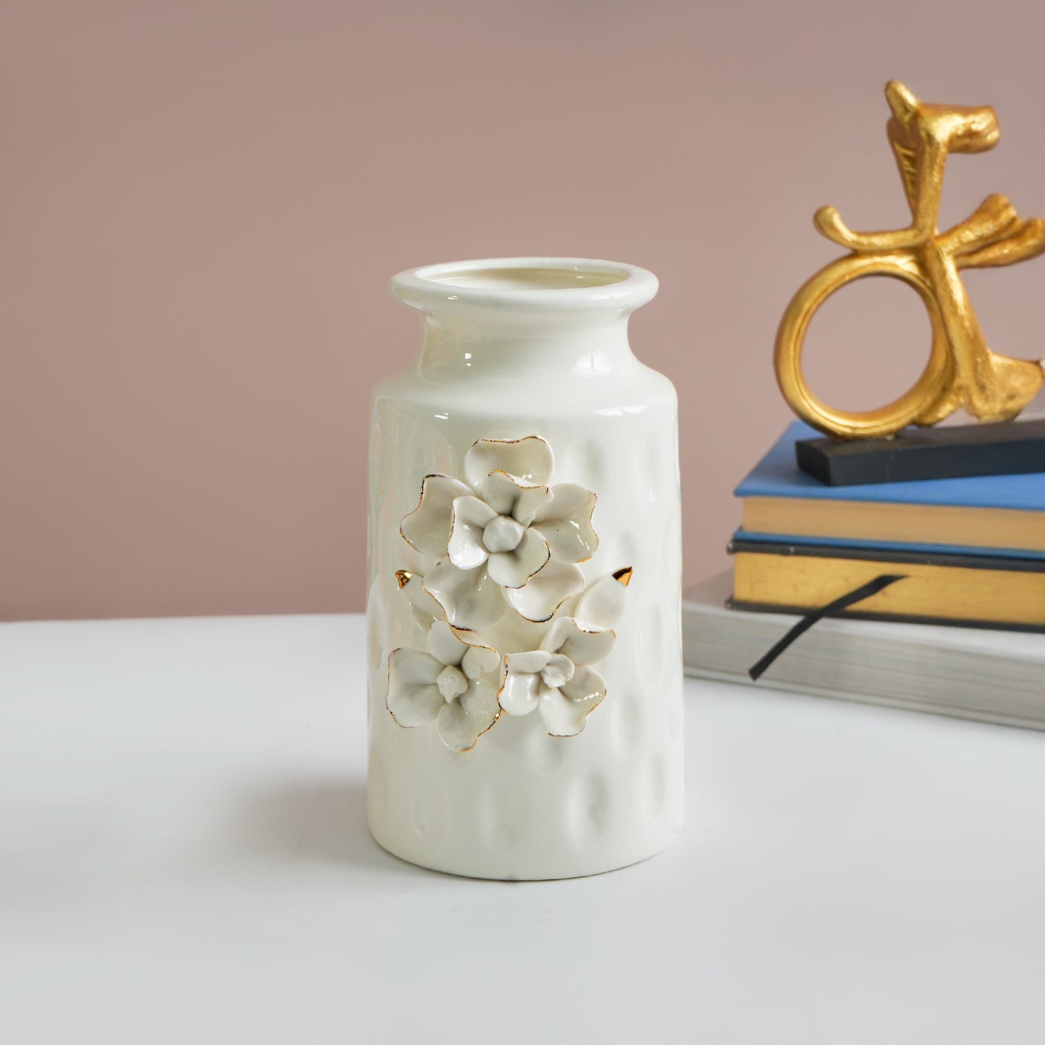 MARKET99 White Round Ceramic Vase with Floral Appliques