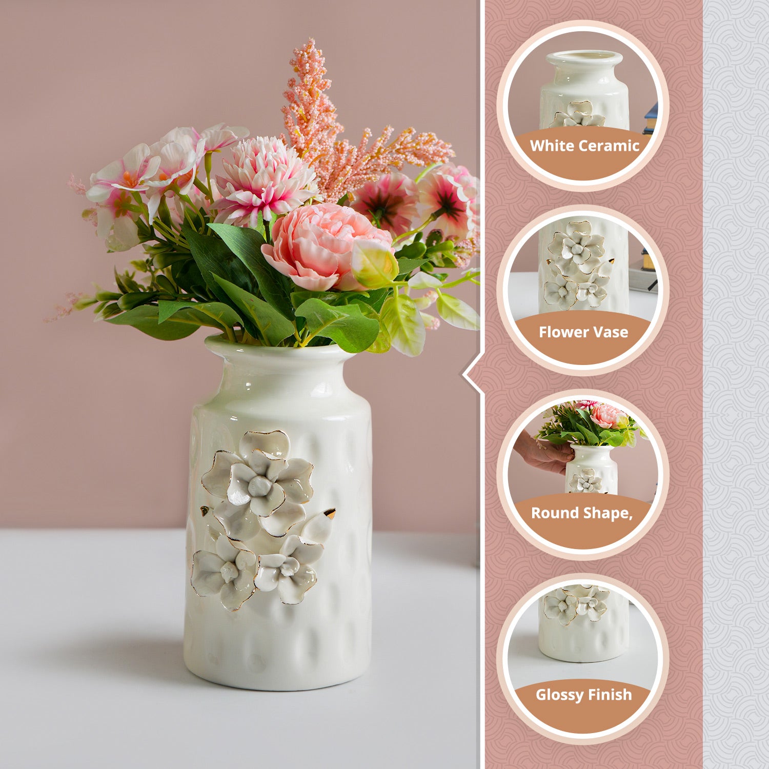 MARKET99 White Round Ceramic Vase with Floral Appliques