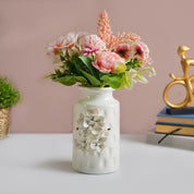 MARKET99 White Round Ceramic Vase with Floral Appliques