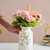 MARKET99 White Round Ceramic Vase with Floral Appliques
