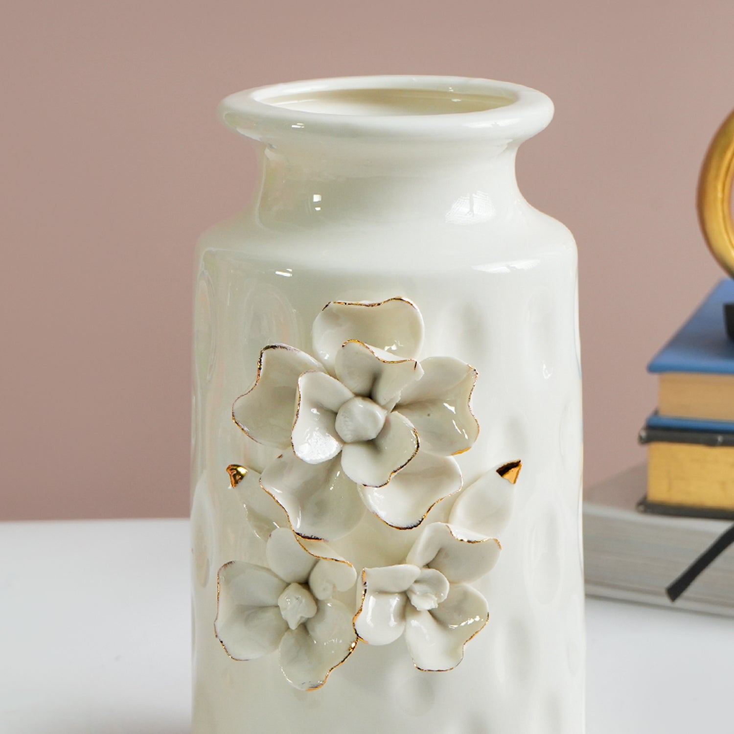 MARKET99 White Round Ceramic Vase with Floral Appliques