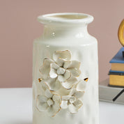 MARKET99 White Round Ceramic Vase with Floral Appliques