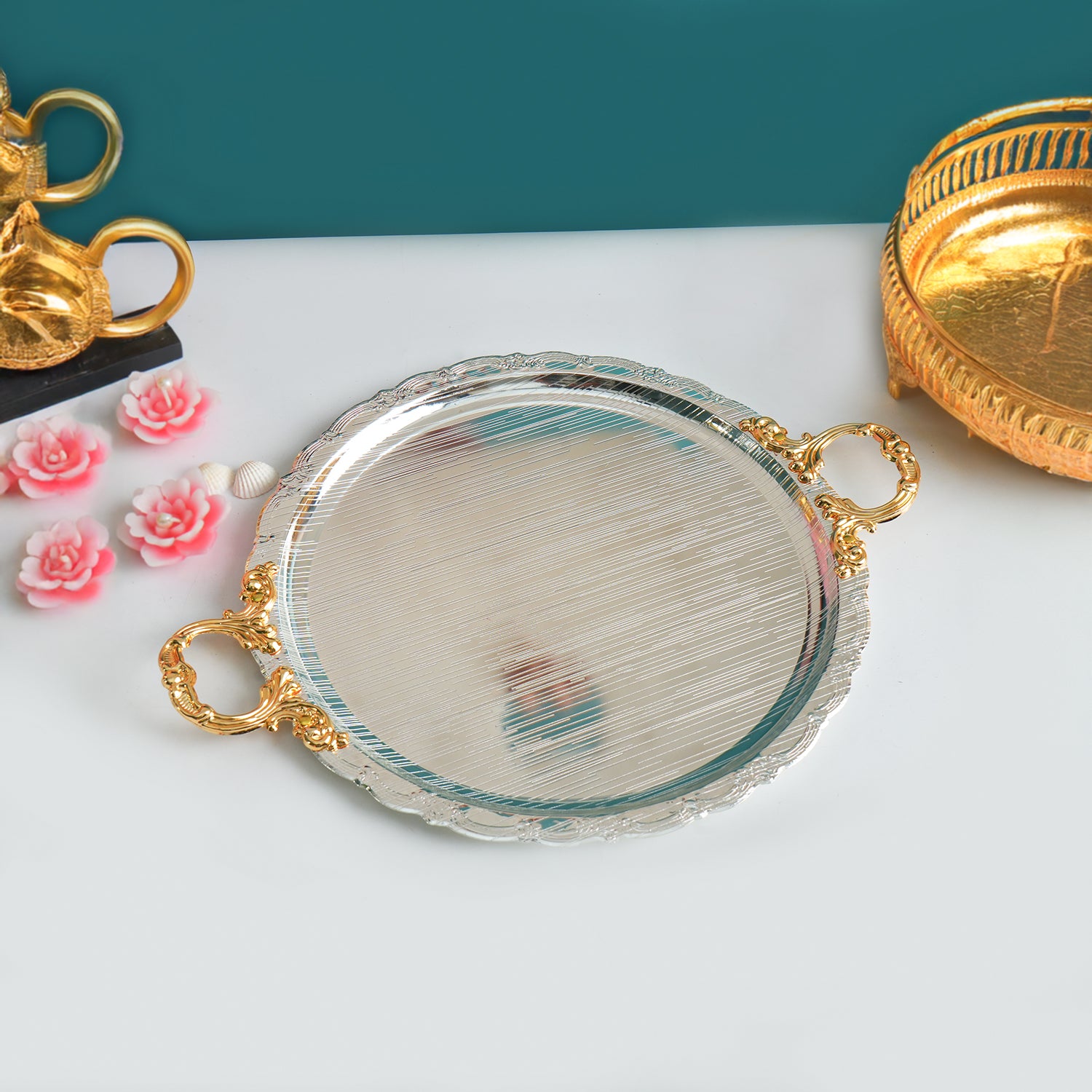 MARKET99 Glossy Oval Decorative Tray with Gold/Silver Handles