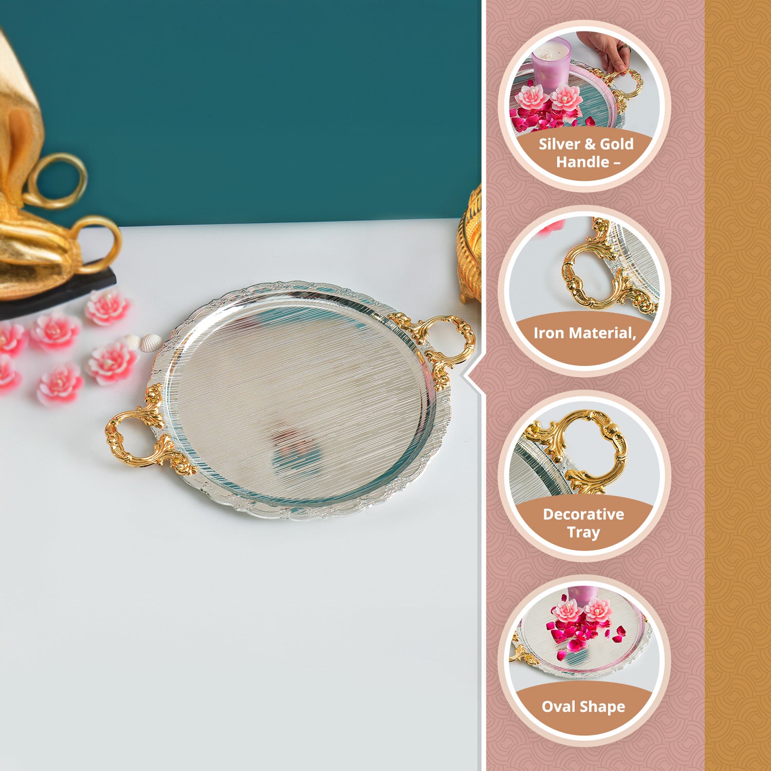 MARKET99 Glossy Oval Decorative Tray with Gold/Silver Handles