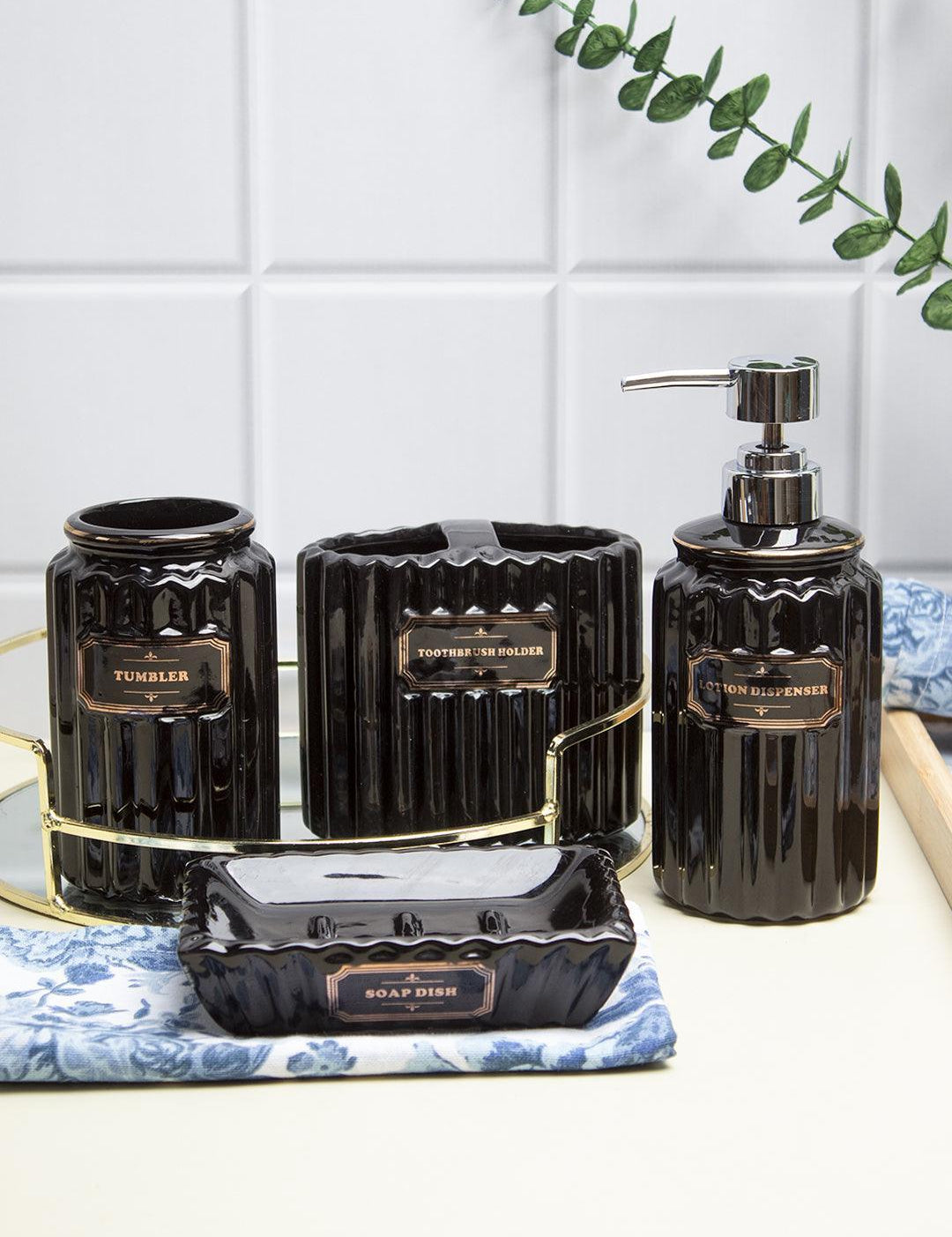 Black Ceramic Bathroom Set Of 4 - Ribbed Design, Bath Accessories - MARKET 99