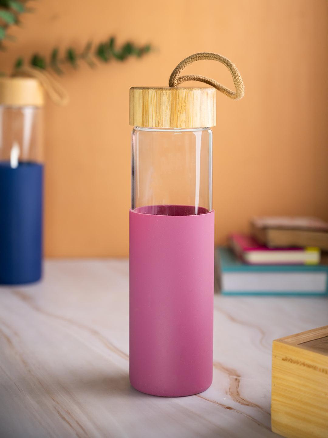 Borosilicate Glass Infuser Water Bottle With Pink Nylon Sleeve - Leak Proof, 13.5 Oz, BPA Free
