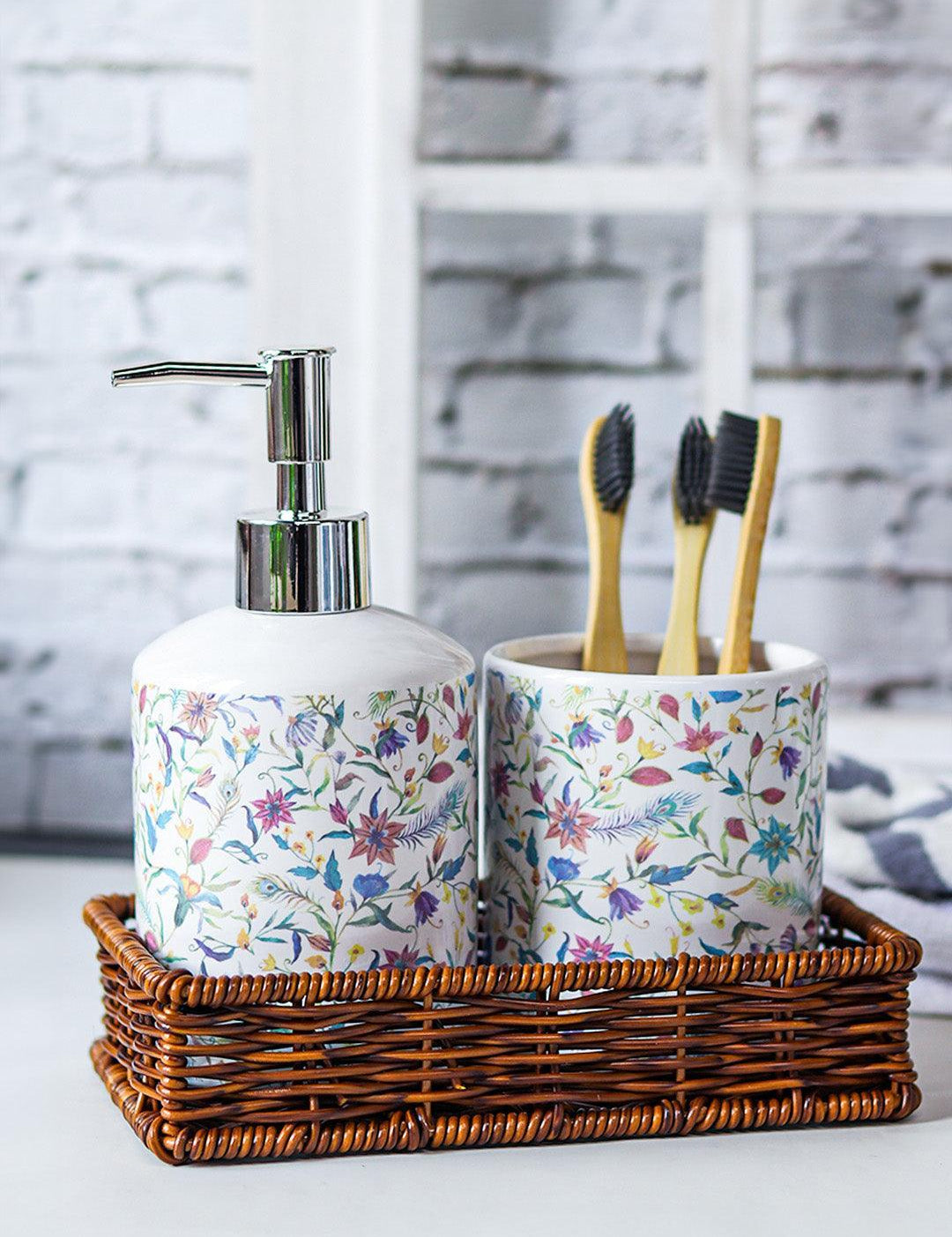 Ceramic Bathroom Set Of 3 - Floral Finish, Ivory Color - MARKET 99