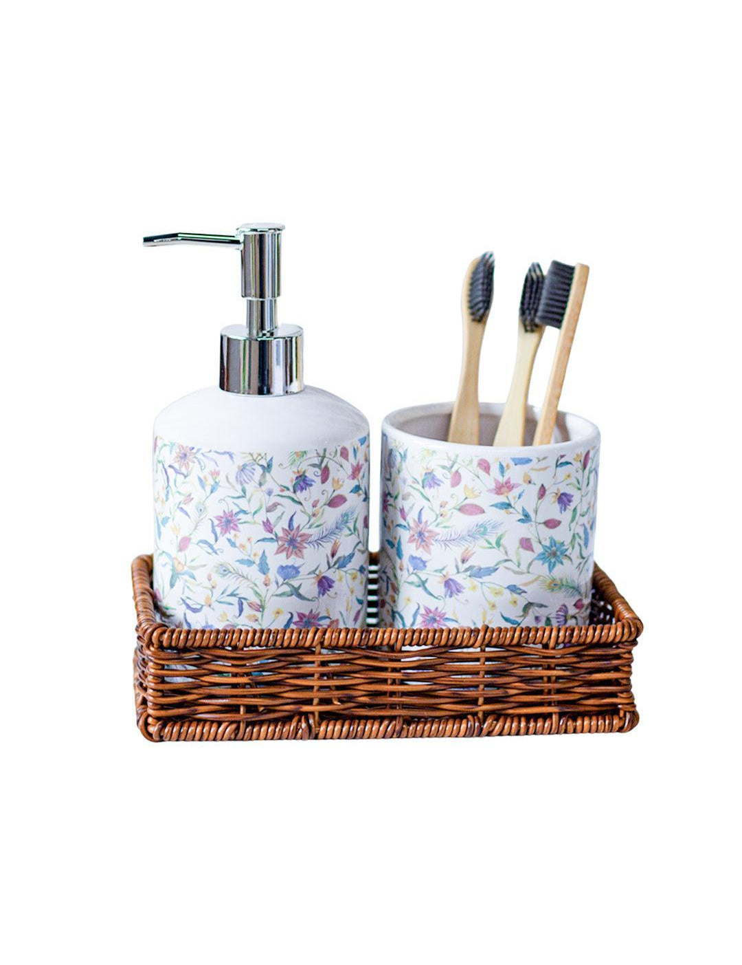 Ceramic Bathroom Set Of 3 - Floral Finish, Ivory Color - MARKET 99