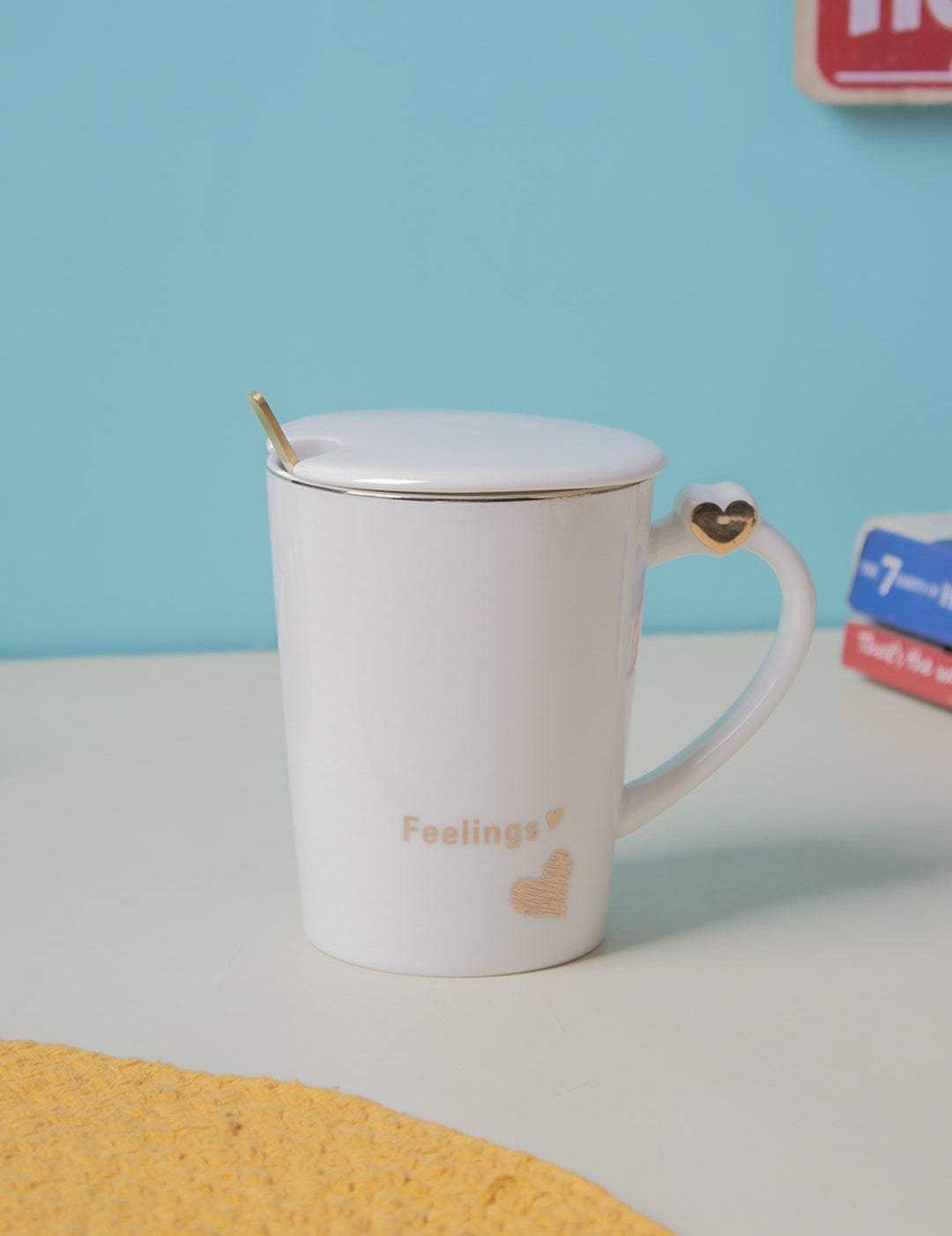 Ceramic Coffee Mug With Lid - 380Ml, Mixing Spoon