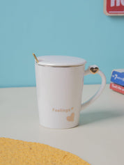 Ceramic Coffee Mug With Lid - 380Ml, Mixing Spoon