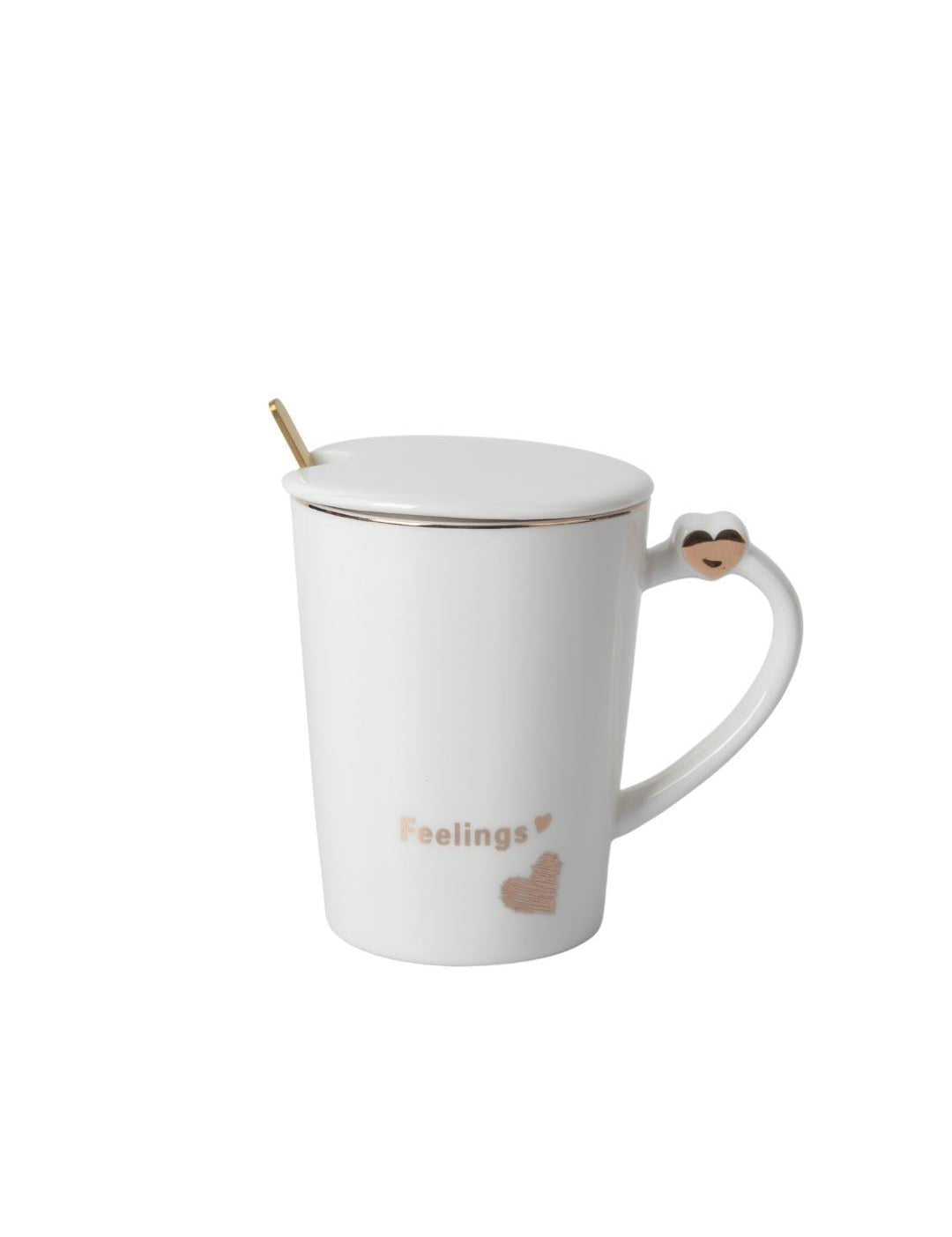 Ceramic Coffee Mug With Lid - 380Ml, Mixing Spoon