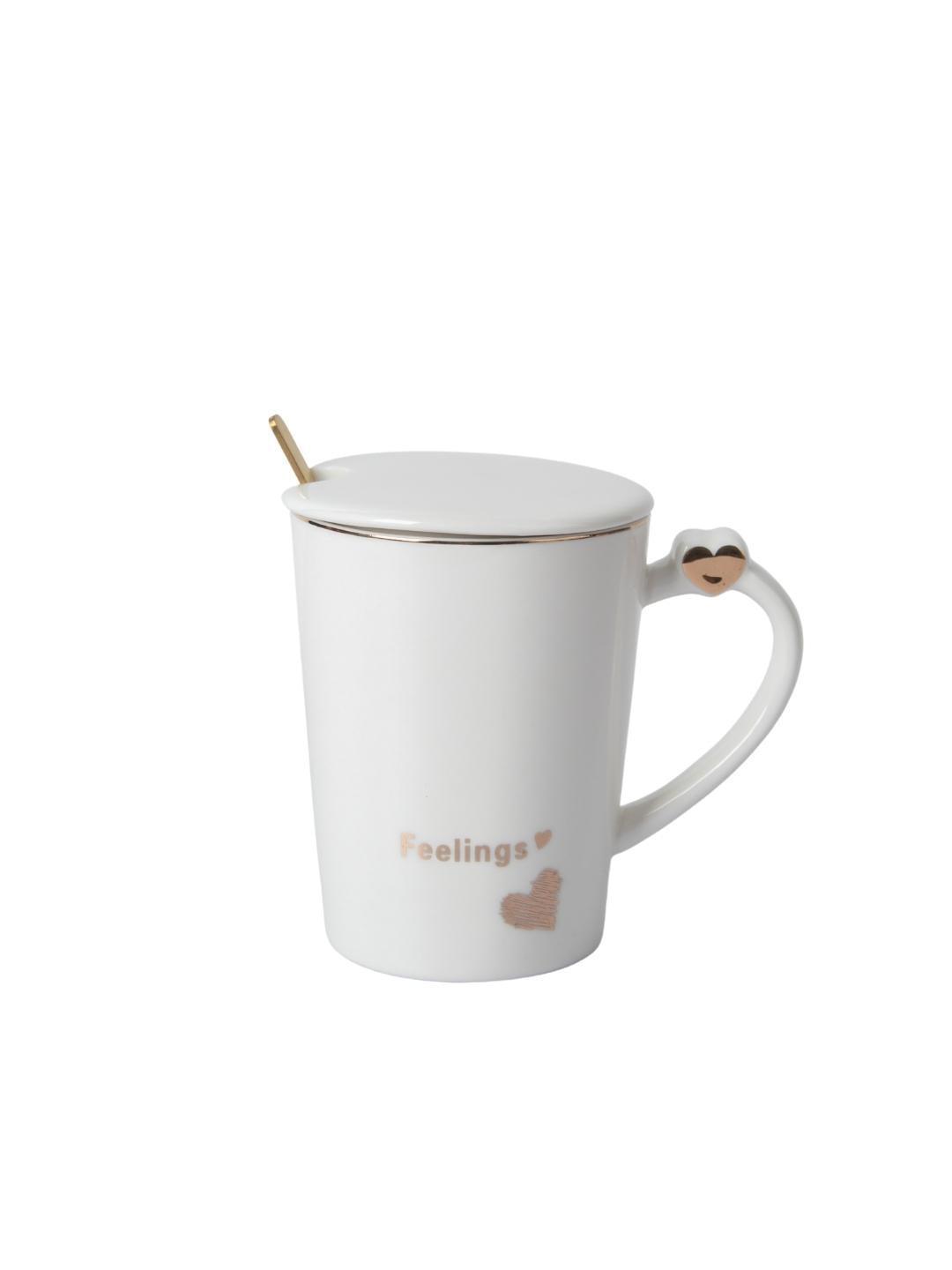 Ceramic Coffee Mug With Lid - 380Ml, Mixing Spoon