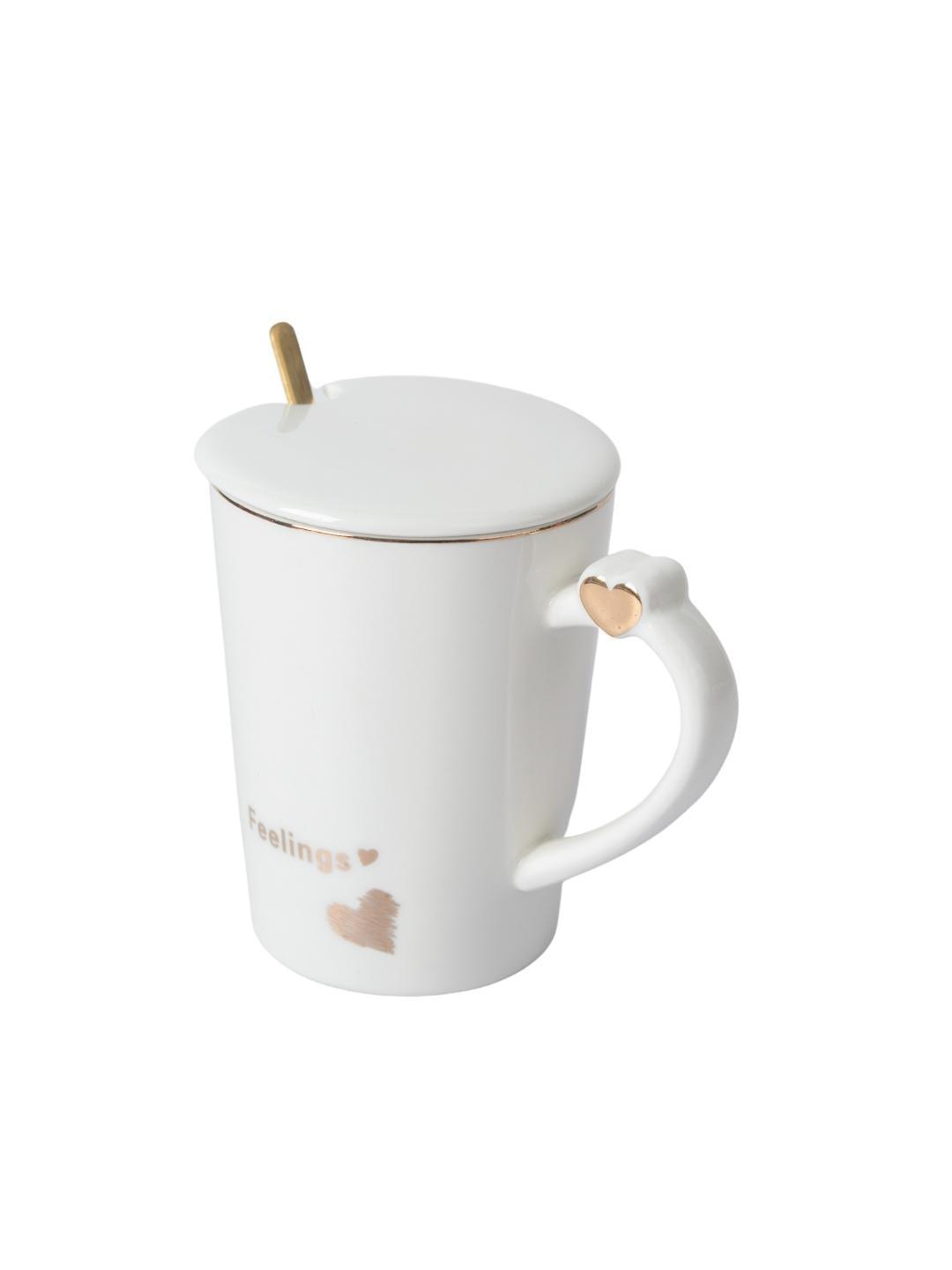 Ceramic Coffee Mug With Lid - 380Ml, Mixing Spoon