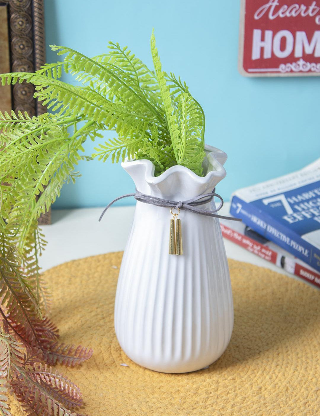 Ceramic Floral Mouth Vase With Tassel