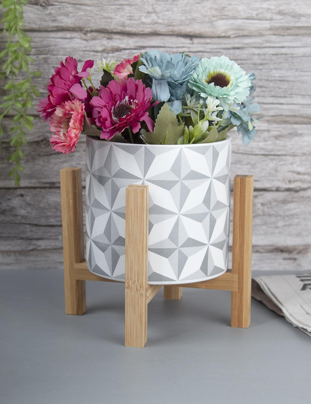 Ceramic, Table Planter With Stand, Abstract Art Print, Matt : Finish, Multicolor
