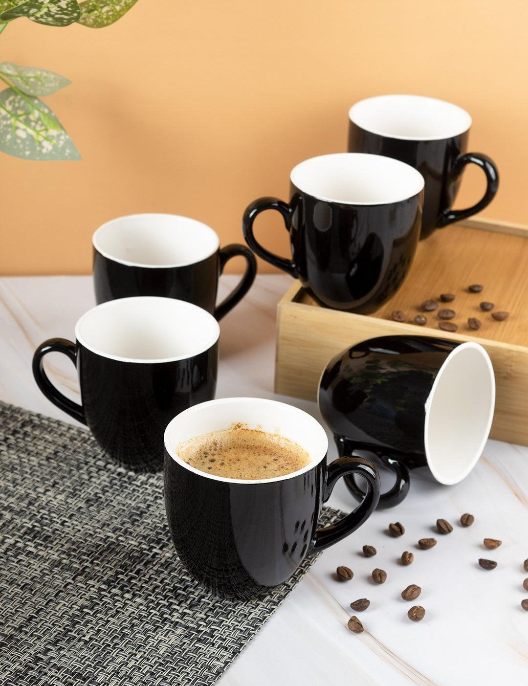 Coffee Mug Set, Handmade, Classic Mug, Black & White Colour, Ceramic, Set of 6, 220 mL - MARKET 99