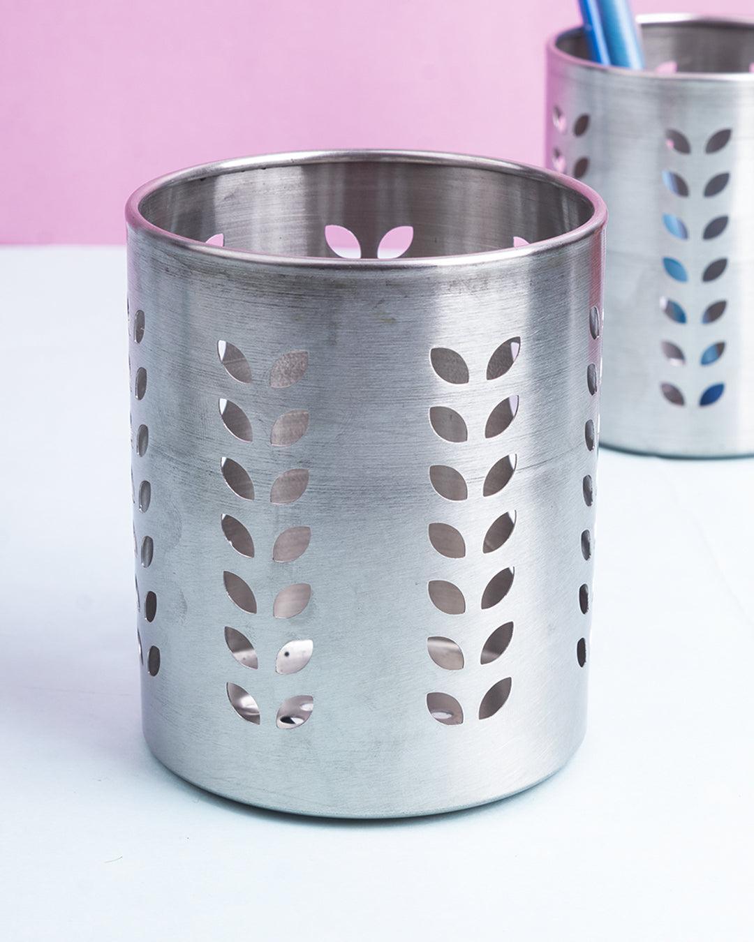 Cutlery Holder, Leaf Punch Design, Silver, Stainless Steel, Set of 2 - MARKET 99