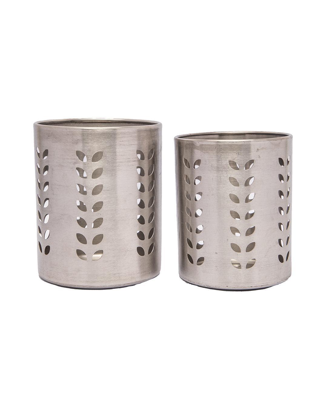 Cutlery Holder, Leaf Punch Design, Silver, Stainless Steel, Set of 2 - MARKET 99