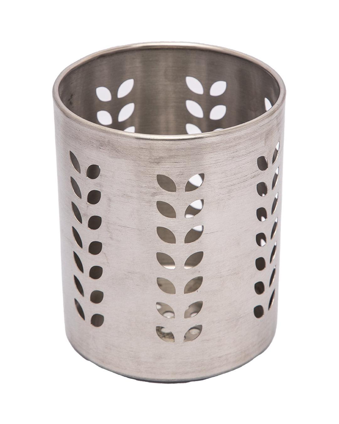 Cutlery Holder, Leaf Punch Design, Silver, Stainless Steel, Set of 2 - MARKET 99