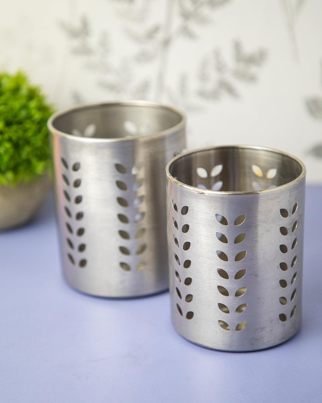 Cutlery Holder, Leaf Punch Design, Silver, Stainless Steel, Set of 2 - MARKET 99