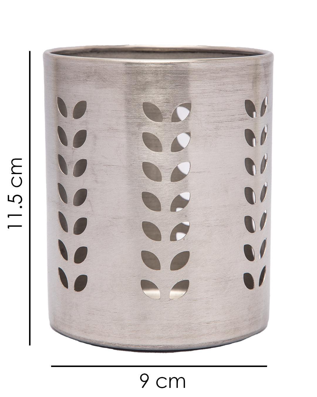 Cutlery Holder, Leaf Punch Design, Silver, Stainless Steel, Set of 2 - MARKET 99