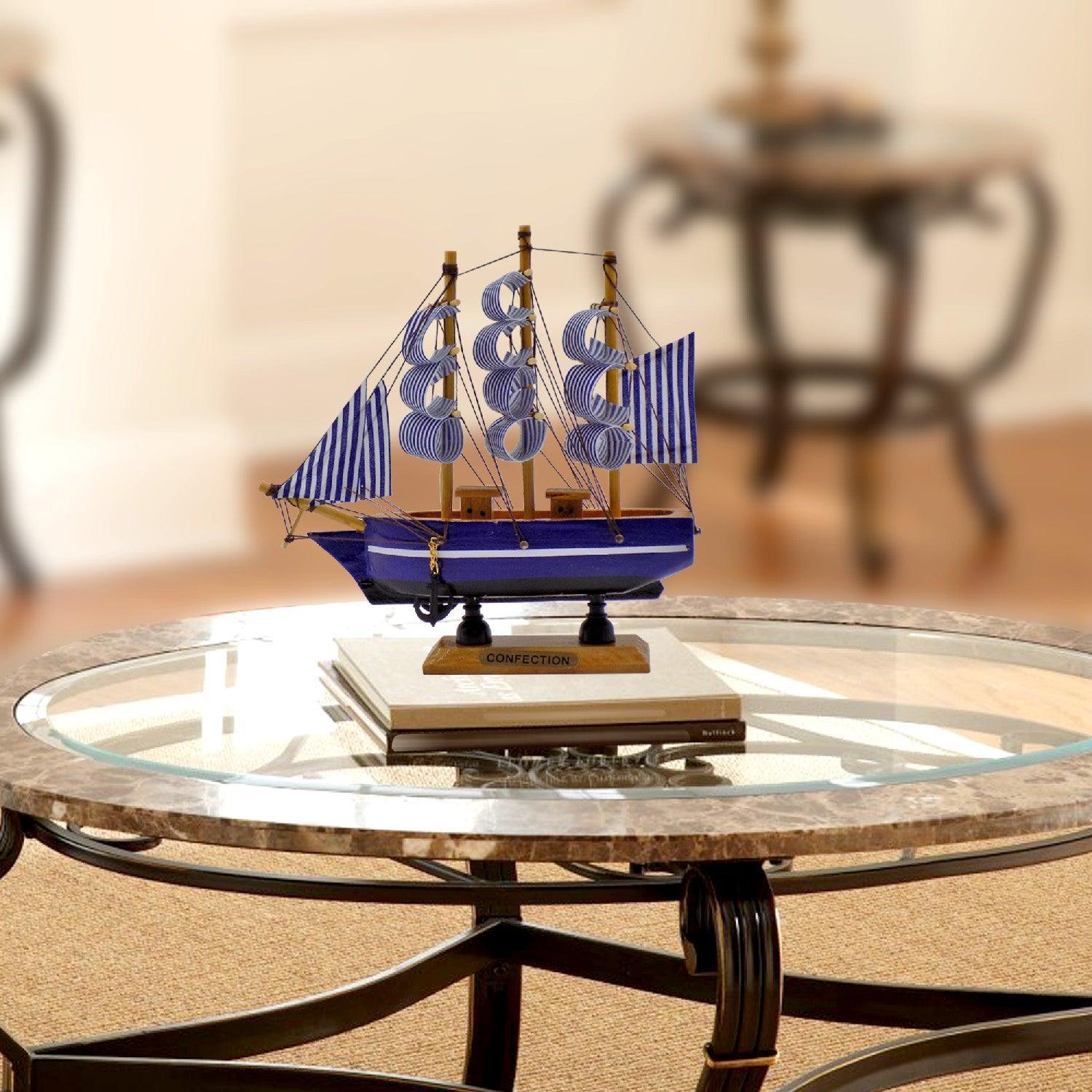 Decorative Boat, Handcrafted Wood, For Home & Office Décor, Antique Finish, Blue, Wood - MARKET 99
