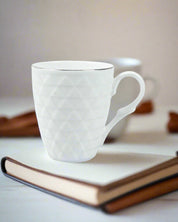 Diamond Textured Ceramic Coffee Mug With Golden Ring Corner (Cream White, 330 mL) - MARKET 99