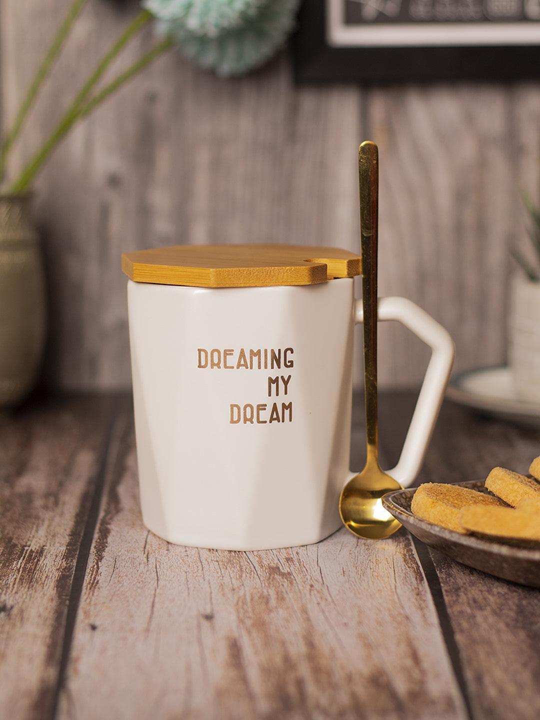 DREAMING MY Dream' Coffee Mug With Lid - White, 320 Ml - MARKET 99